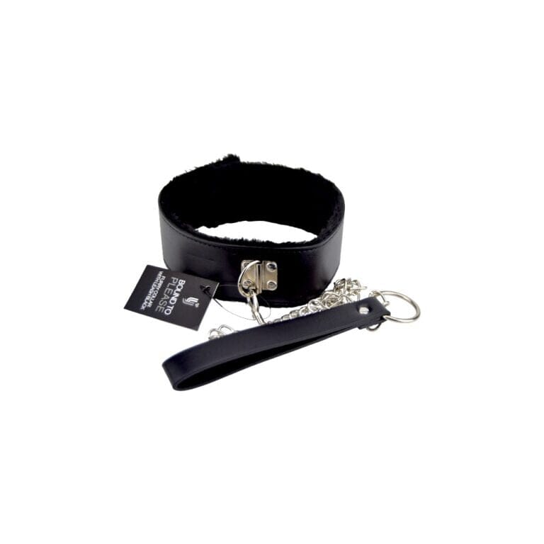 Black furry collar with leash from Bound to Please, soft and stylish for submissives, featuring comfortable design and adjustable fit.