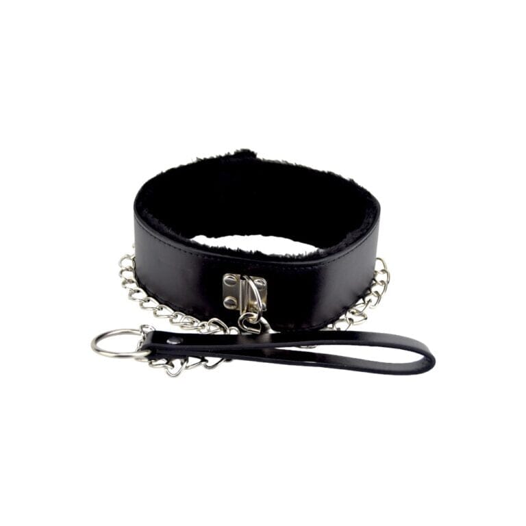 Black furry collar with matching leash from Bound to Please, featuring soft comfort and stylish design for submissives.