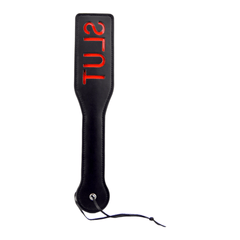 Black PU leather spanking paddle from Bound to Please, 32x6 cm, designed for BDSM play and sensation impact.
