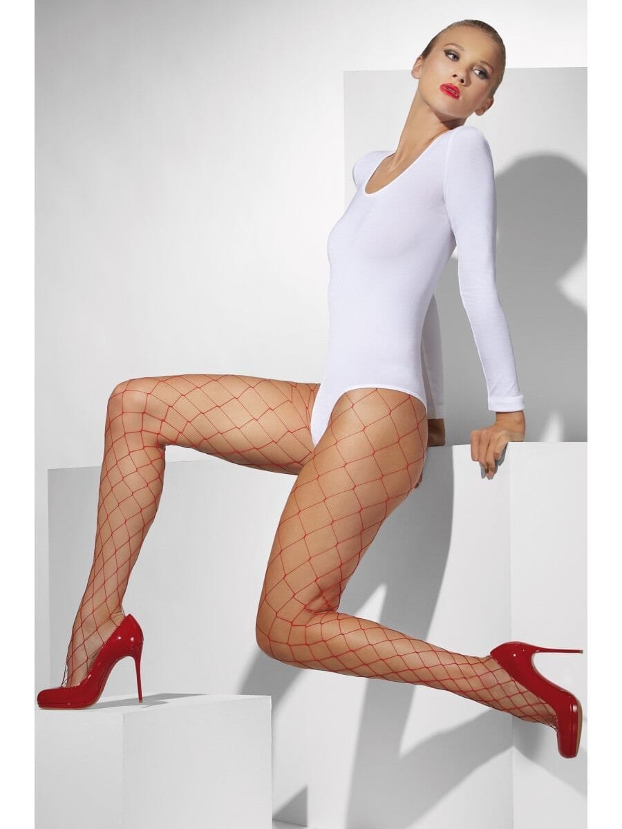 Red Diamond Net Tights by Fever, thigh-high stockings with intricate diamond net pattern for stylish hosiery.