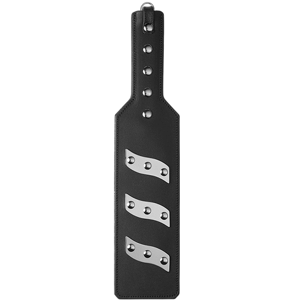 ElectraStim Electro-Sex Leather Paddle for electro-stimulation play, featuring a sleek black leather surface and sturdy handle.