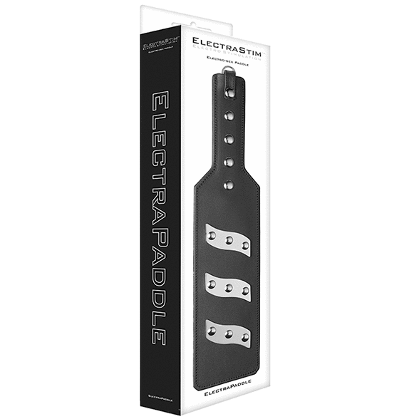 ElectraStim Electro-Sex Leather Paddle for electro-stimulation play, featuring a black leather surface and a sleek handle.