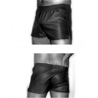 Off Pat men's leather boxers trunks featuring sleek leather fabric and modern design, displayed on a neutral background.