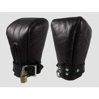 Black lockable fist mitt restraints by Off Pat, featuring sturdy design and adjustable straps for secure restraint.