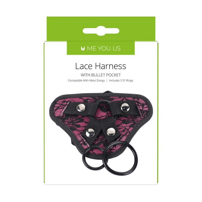 Me You Us lace strap-on harness with adjustable straps and multiple-sized rings, designed for comfortable wear and versatile fit.