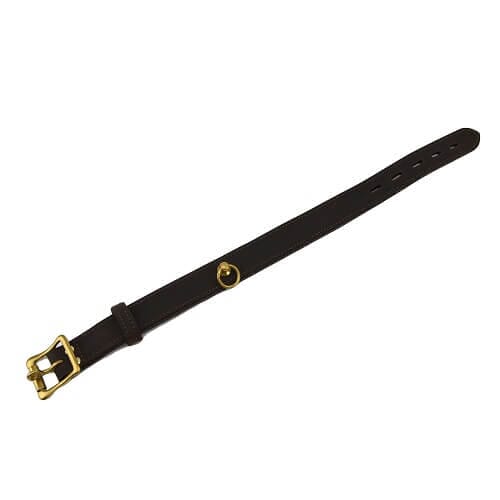 Black nubuck leather bondage collar with lockable O-ring and buckle closure, designed for adjustable fit and secure restraint.