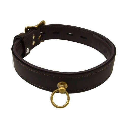 Black nubuck leather bondage collar with lockable O-ring and adjustable buckle, designed for secure and stylish restraint.