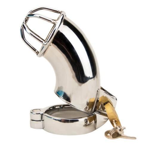 Impound Exhibition male chastity device made of metal with ergonomic design and 3 custom fit rings for secure wear.