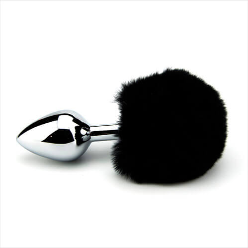 Black bunny tail butt plug with faux fur and metal, Furry Fantasy tail plug for adult novelty and playful costume wear.