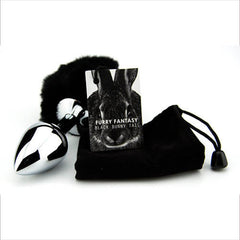 Furry Fantasy Black Bunny Tail Butt Plug - Faux Fur and Metal Butt Plug with drawstring bag