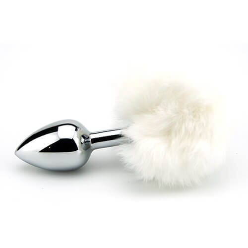 White bunny tail butt plug from Furry Fantasy with teardrop shape and faux fur tail for role play and anal pleasure.