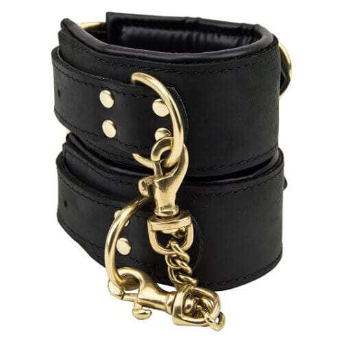 Bound Noir Nubuck Leather Slim Handcuffs showing sleek black leather cuffs with metal hardware and adjustable straps.