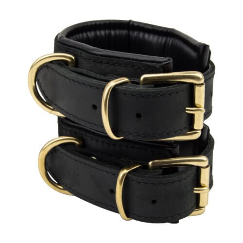 Bound Noir Nubuck Leather Slim Handcuffs from Bound to Please, featuring sleek black leather wrist cuffs with secure closures.