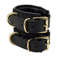 Bound Noir Nubuck Leather Slim Handcuffs from Bound to Please, featuring sleek black leather wrist cuffs with secure closures.