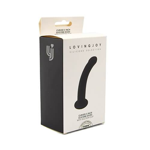 Curved 5-inch silicone dildo with suction cup from Loving Joy, designed for beginners, featuring a smooth, flexible surface.