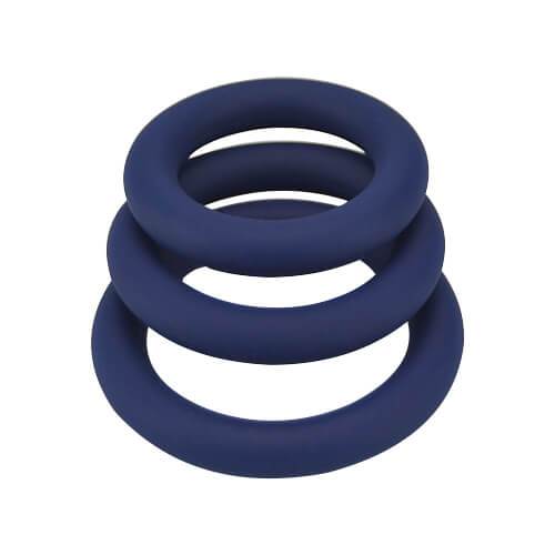 Set of three thick, stretchy silicone cock rings by Loving Joy, designed for enhanced pleasure and secure fit.