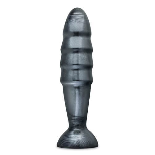 Large black silicone Butt Plug from Blush Novelties Jet Destructor, measuring approximately 10.75 inches in length.