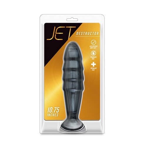 Large black Blush Novelties Jet Destructor butt plug, 10.75 inches, with a smooth, tapered design for comfortable insertion.