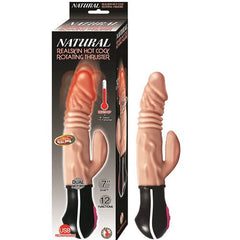 Realistic warming and thrusting vibrating rabbit dildo by Nasstoys, featuring lifelike texture and dual stimulation design.