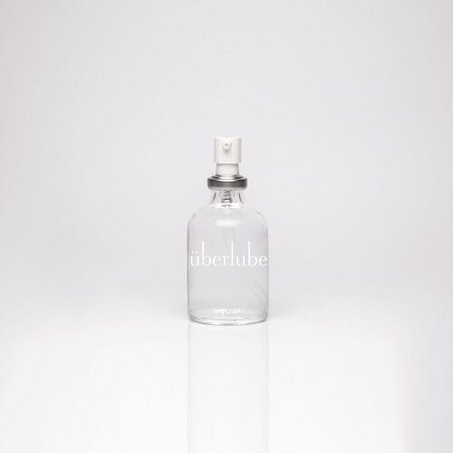 a clear bottle with a white label on it