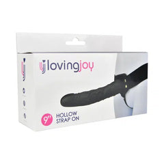 Black 9-inch hollow strap-on from Loving Joy featuring adjustable straps and a realistic design.