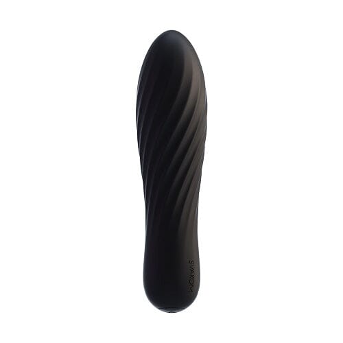 Black Svakom Tulip rechargeable bullet vibrator with textured design and 10 speeds, classic bullet style for versatile pleasure.