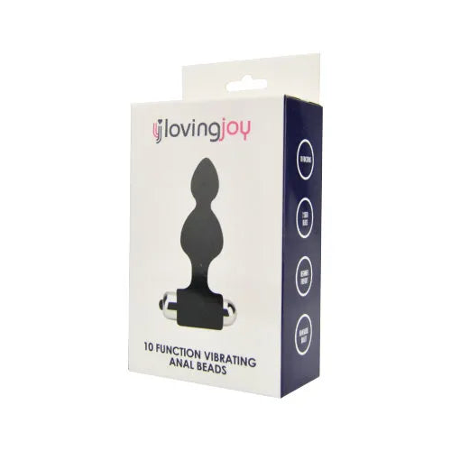 Loving Joy 10-function vibrating anal beads with silicone material and removable bullet vibrator, shown in packaging.