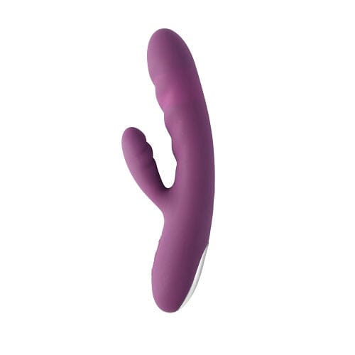 Svakom Avery thrusting rabbit vibrator with clitoral stimulator, showcasing its sleek design and textured surface for pleasure.