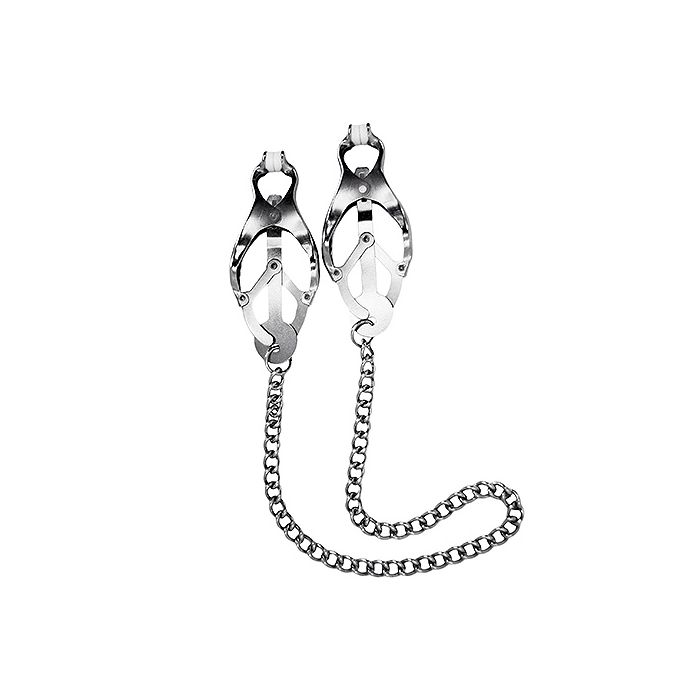Chic black and silver clover nipple clamps on a decorative chain, combining elegance and functionality for intimate adventures.
