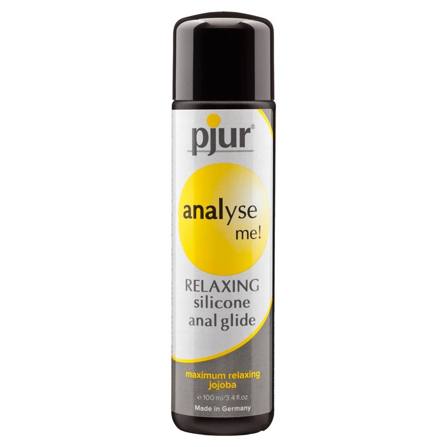 Pjur Analyse Me! Relaxing silicone anal glide with jojoba, a smooth lubricant for anal pleasure, in a silicone bottle.