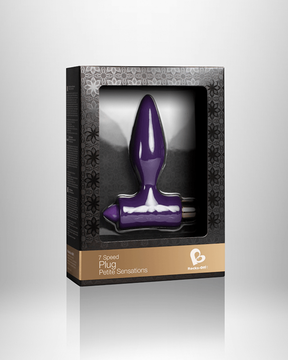 Rocks Off Petite Sensations 7-speed vibrating butt plug with slim silicone design, waterproof packaging, and discreet presentation.