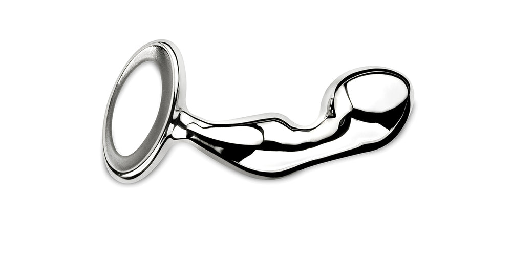 Overhead view of the Njoy Pfun Prostate Steel Butt Plug, a sleek, curved prostate massager crafted from smooth stainless steel.
