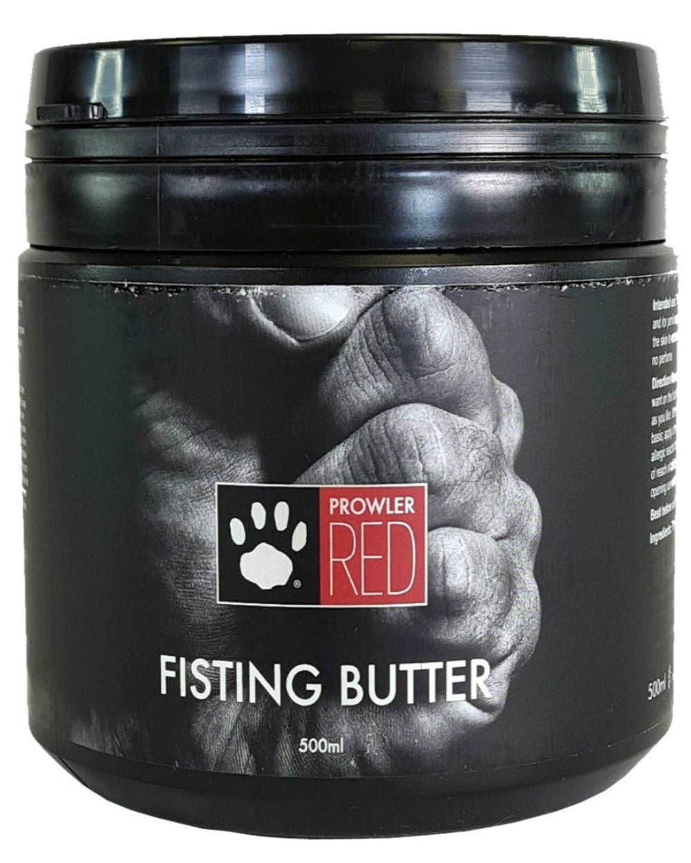 Prowler RED Fisting Butter 500ml lubricant bottle, smooth thick formula for anal and vaginal use, with a clean, minimalist label design.