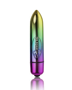 Rainbow-colored Rocks Off RO-80mm patterned bullet vibrator with seven pleasure settings, compact and discreet for intimate use.