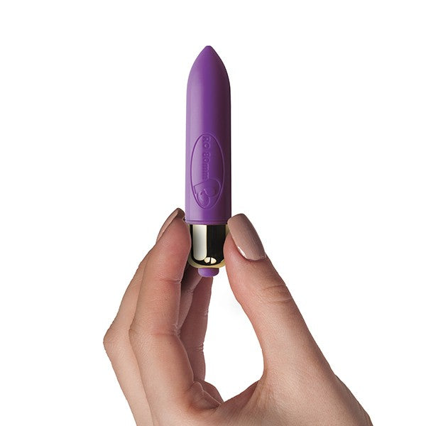 Rocks Off 80mm single speed bullet vibrator shown in a clamshell packaging, compact and discreet personal adult toy.