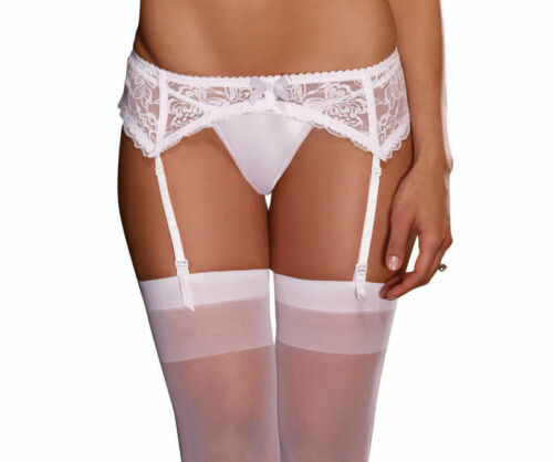 Dreamgirl white lace garter belt with scalloped hem, adjustable straps, made of nylon and spandex, sultry night lingerie accessory.