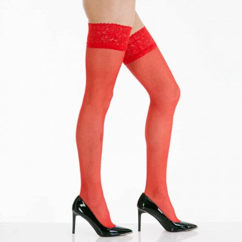 Red Shine Lace Hold Ups - Super Shiny Luxury Thigh Highs