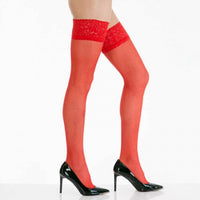 Thumbnail for Red Shine Lace Hold Ups - Super Shiny Luxury Thigh Highs