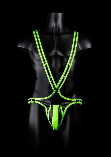 Men's glow-in-the-dark fetishwear harness from Glow Ouch!, body-covering design with luminous straps and adjustable fit.