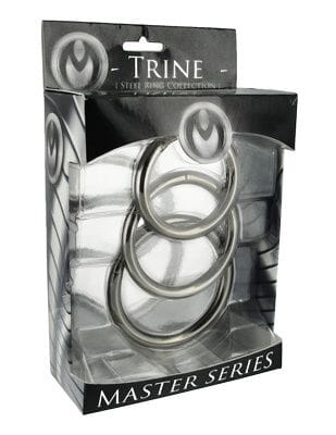 Set of three steel C-ring cock rings from Master Series, designed for enhanced stimulation and secure fit.
