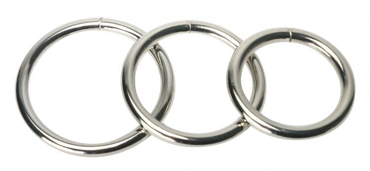 Master Series Steel C-Ring 3-piece set featuring smooth, shiny stainless steel cock rings for enhanced pleasure and fit.