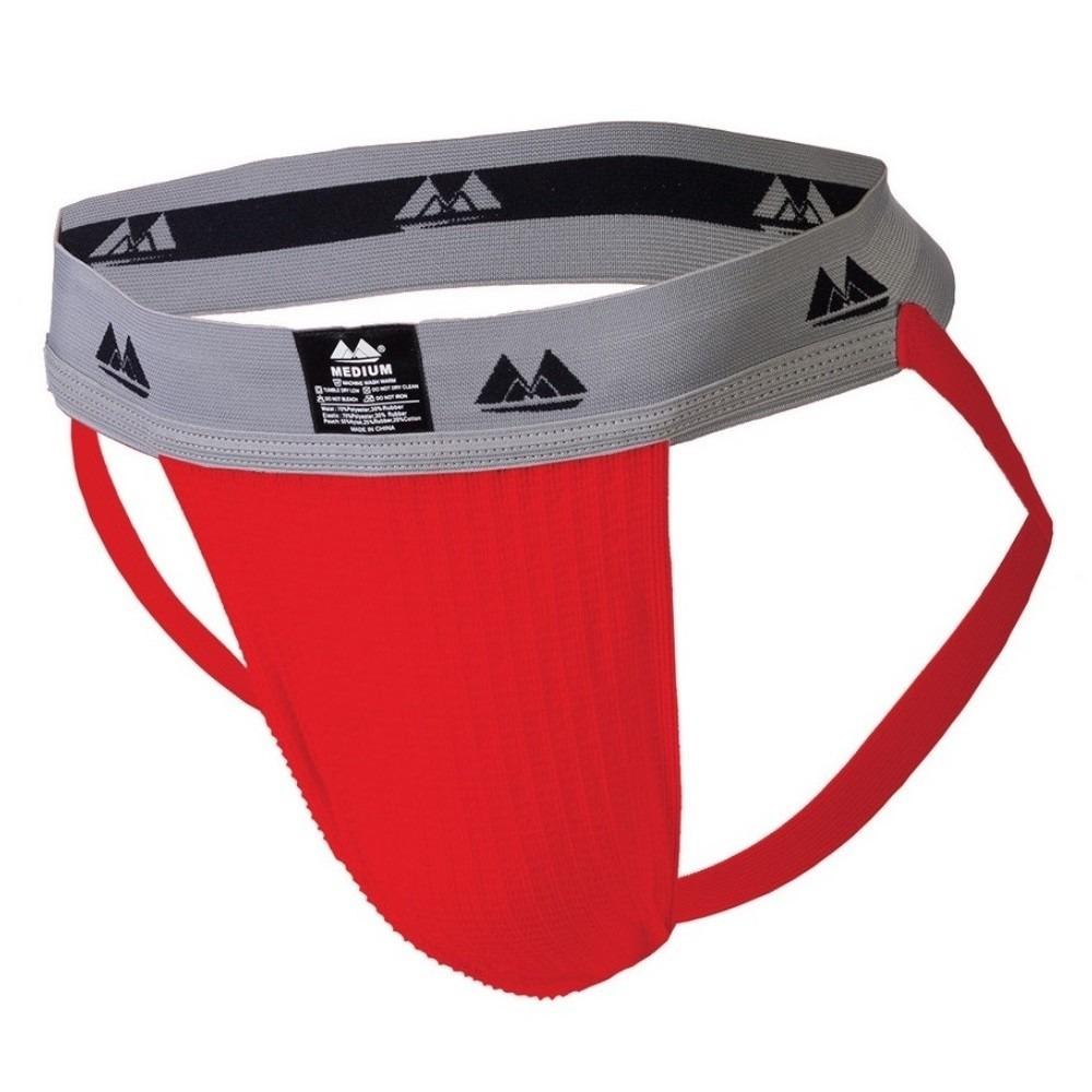 Red and grey Meyer Marketing men's jock strap with supportive elastic waistband and ergonomic pouch for athletic comfort.